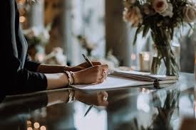 Coordinator signing documents at elegant table with candles